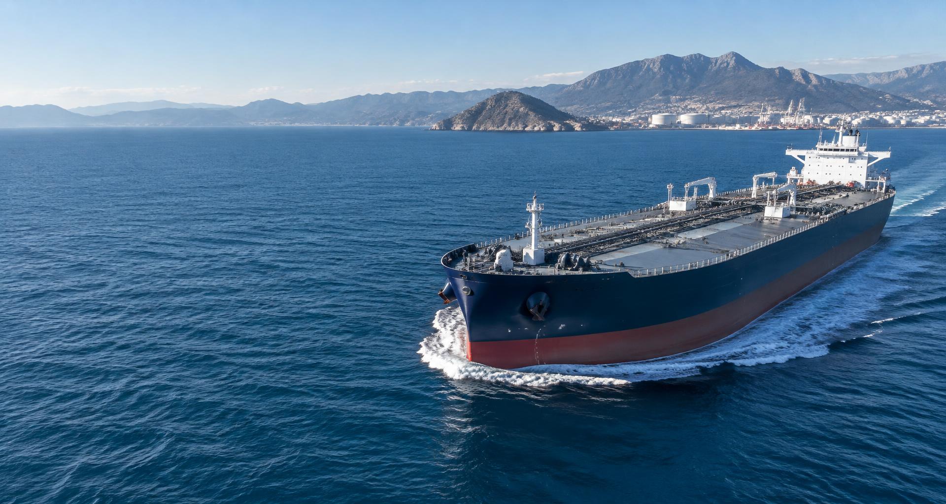 Ocean tanker underway near a commercial maritime port